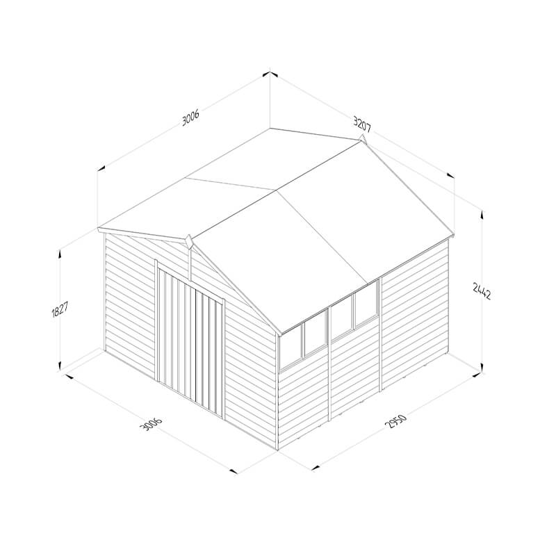 10' x 10' Forest 4Life 25yr Guarantee Overlap Pressure Treated Double Door Apex Wooden Shed (3.21m x 3.01m) Technical Drawing