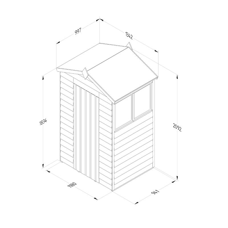 4' x 3' Forest 4Life 25yr Guarantee Overlap Pressure Treated Apex Wooden Shed (1.34m x 1m) Technical Drawing