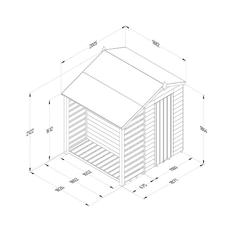 6' x 4' Forest 4Life 25yr Guarantee Overlap Pressure Treated Apex Wooden Shed with Lean To (1.88m x 2.01m) Technical Drawing
