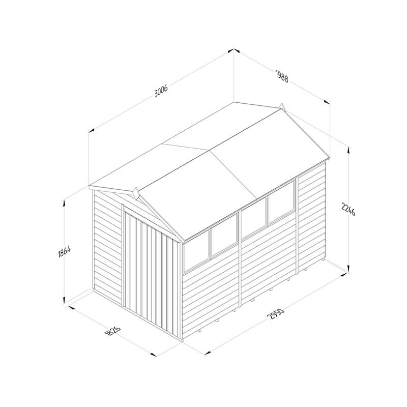 10' x 6' Forest 4Life 25yr Guarantee Overlap Pressure Treated Double Door Apex Wooden Shed (3.01m x 1.99m) Technical Drawing