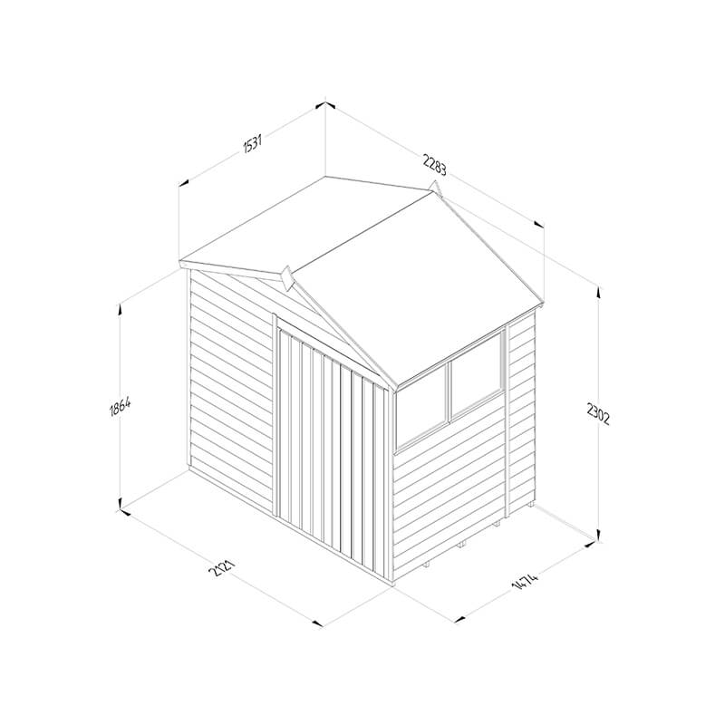 7' x 5' Forest 4Life 25yr Guarantee Overlap Pressure Treated Double Door Apex Wooden Shed (2.28m x 1.53m) Technical Drawing