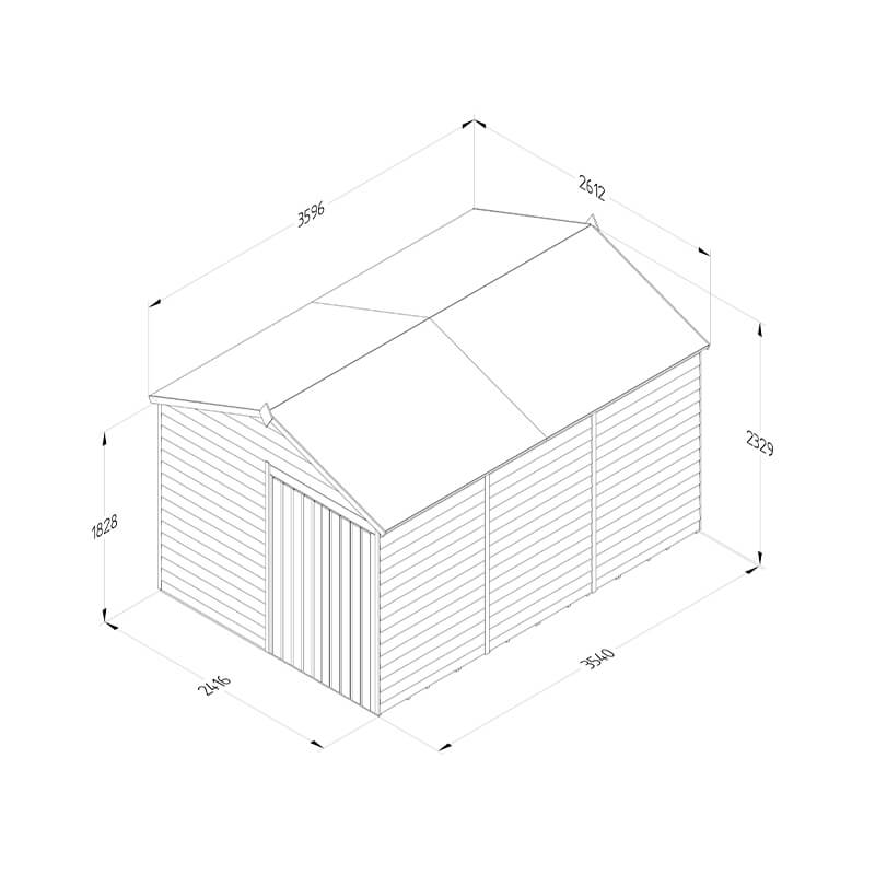 12' x 8' Forest 4Life 25yr Guarantee Overlap Pressure Treated Windowless Double Door Apex Wooden Shed (3.6m x 2.61m) Technical Drawing