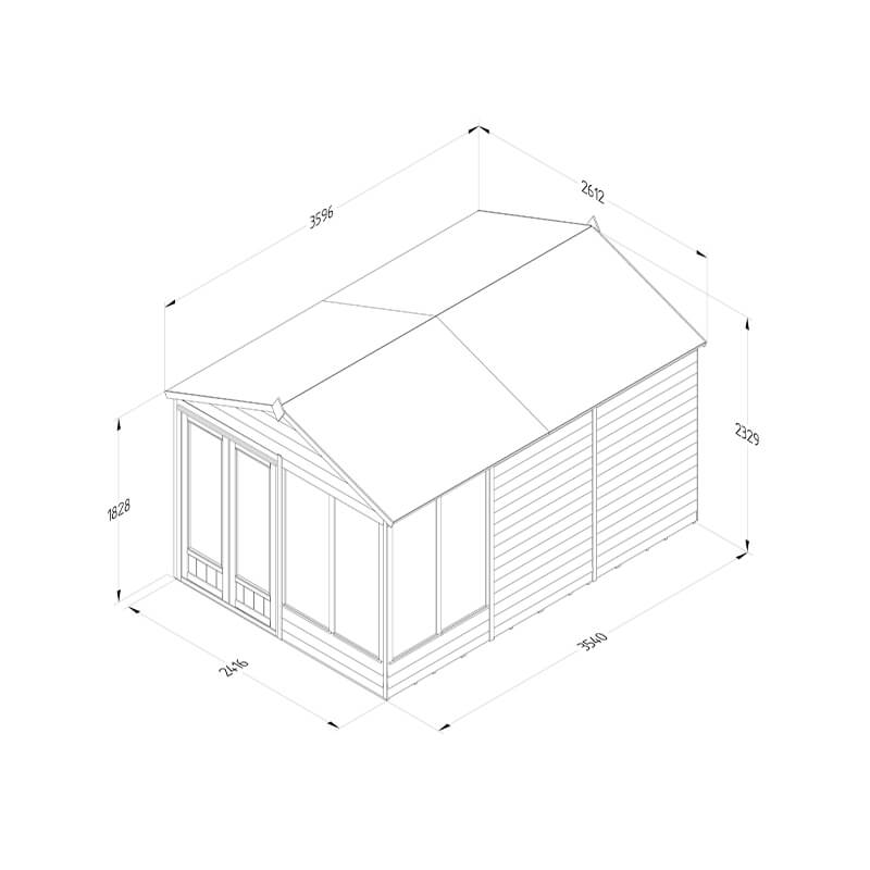12' x 8' Forest 4Life 25yr Guarantee Double Door Apex Summer House (3.6m x 2.61m) Technical Drawing