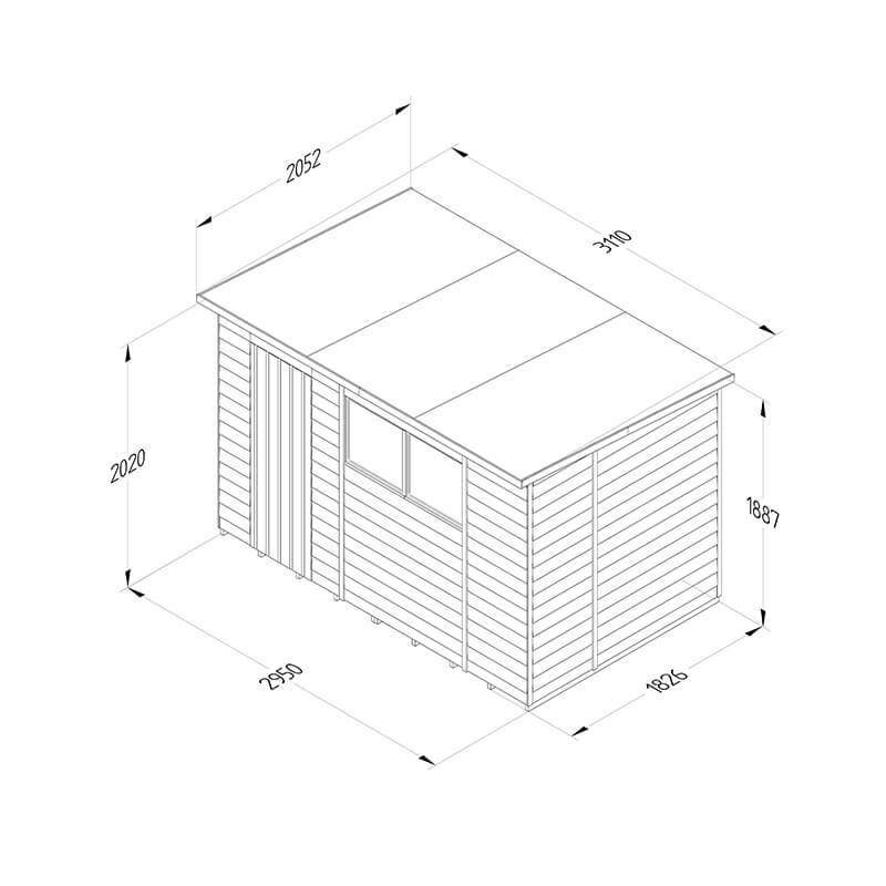 10' x 6' Forest 4Life 25yr Guarantee Overlap Pressure Treated Pent Wooden Shed (3.11m x 2.05m) Technical Drawing