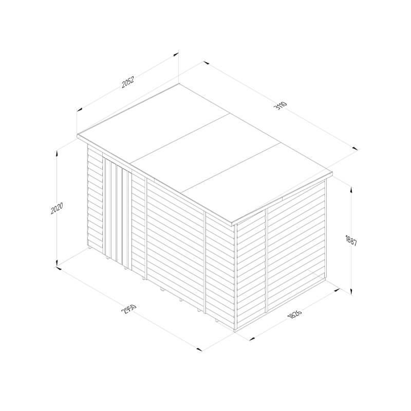 10' x 6' Forest 4Life 25yr Guarantee Overlap Pressure Treated Windowless Pent Wooden Shed (3.11m x 2.05m) Technical Drawing