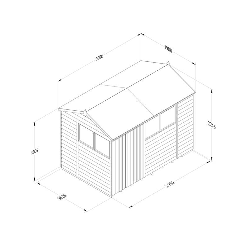 10' x 6' Forest 4Life 25yr Guarantee Overlap Pressure Treated Double Door Reverse Apex Wooden Shed - 4 Windows (3.01m x 1.99m) Technical Drawing