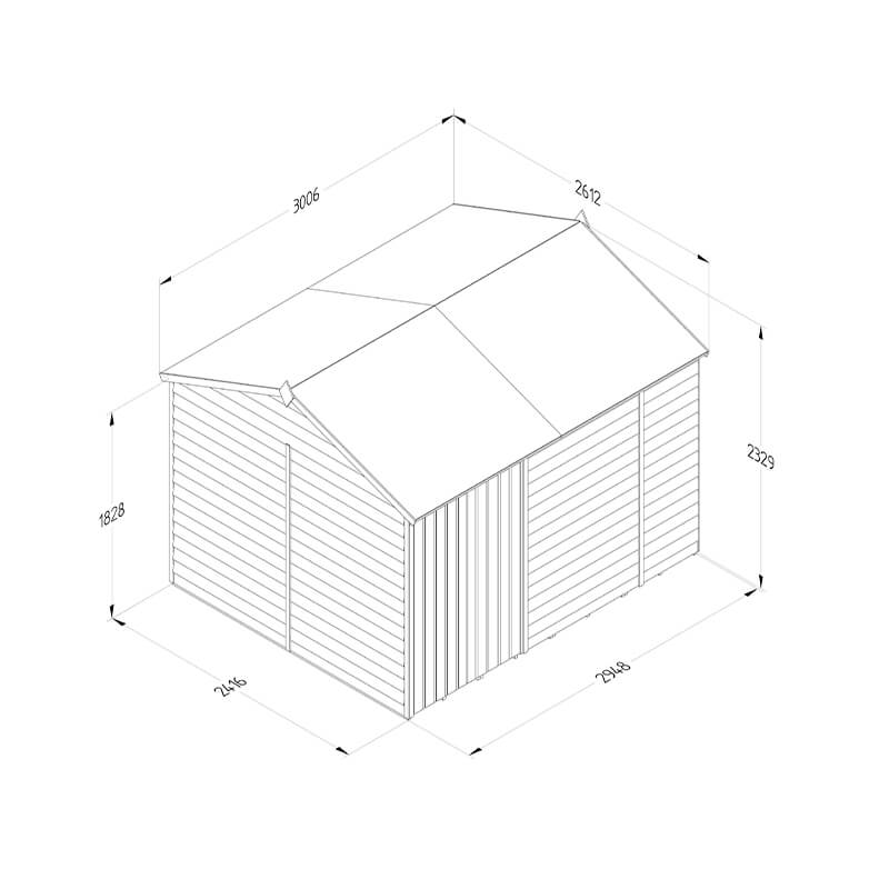 10' x 8' Forest 4Life 25yr Guarantee Overlap Pressure Treated Windowless Double Door Reverse Apex Wooden Shed (3.01m x 2.61m) Technical Drawing