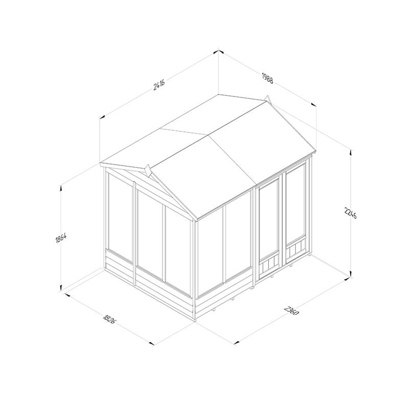 8' x 6' Forest 4Life 25yr Guarantee Double Door Reverse Apex Summer House (2.42m x 1.99m) Technical Drawing