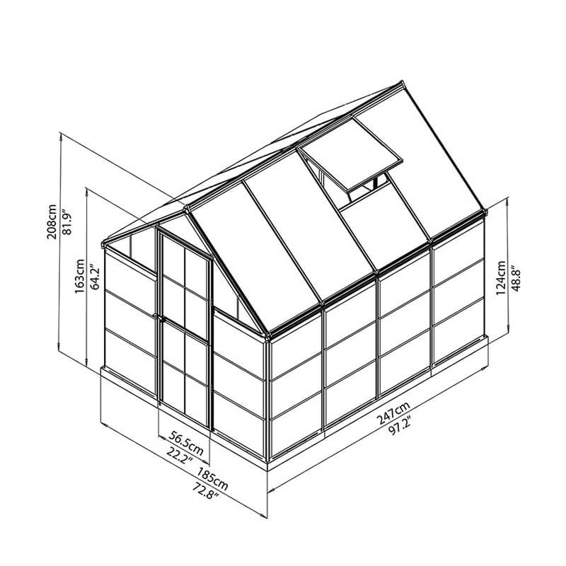 6'x6' Palram Canopia Hybrid Small Green Polycarbonate Greenhouse (1.8x1.8m) Technical Drawing
