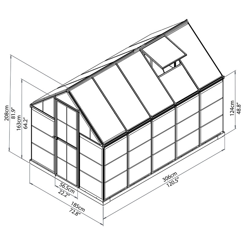 6'x10' Palram Canopia Hybrid Large Walk In Silver Polycarbonate Greenhouse (1.8x3m) Technical Drawing