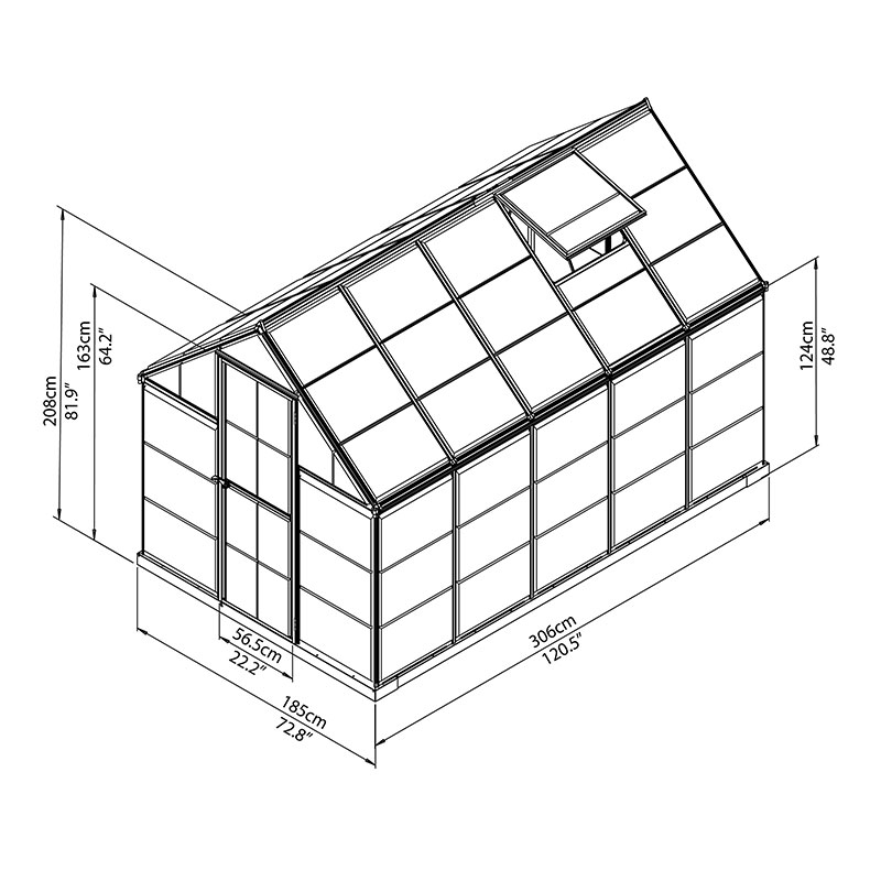 6'x10' Palram Canopia Harmony Walk In Silver Polycarbonate Greenhouse (1.8x3m) Technical Drawing