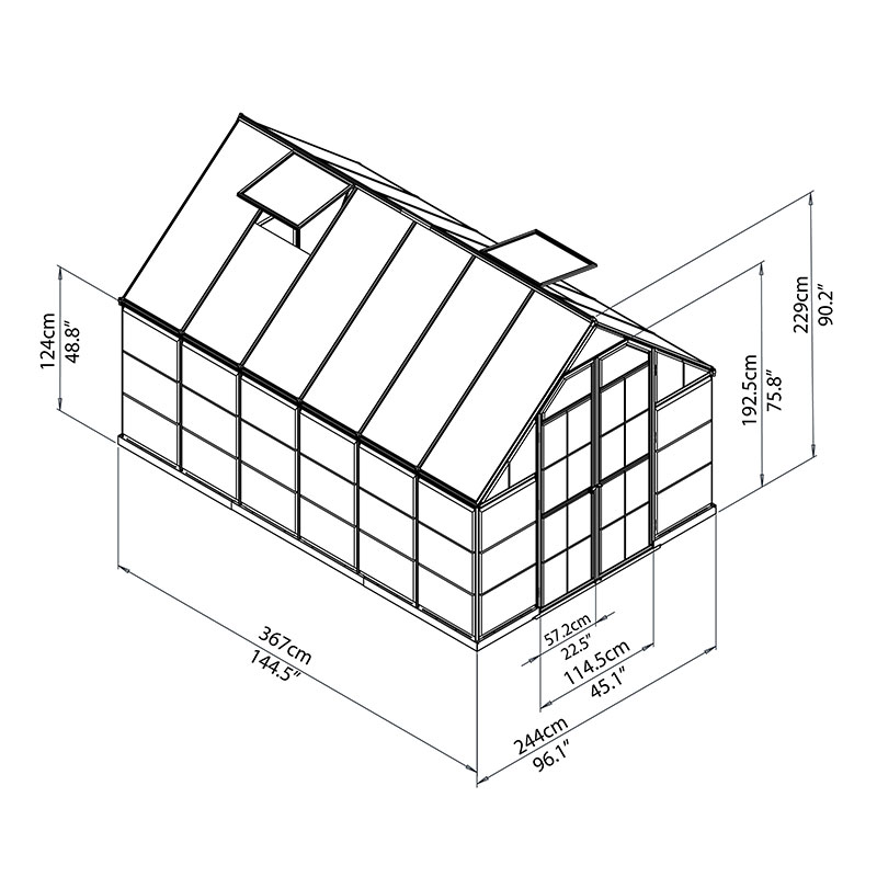 8'x12' Palram Canopia Balance Large Walk In Aluminium Framed Greenhouse (2.4x3.6m) Technical Drawing