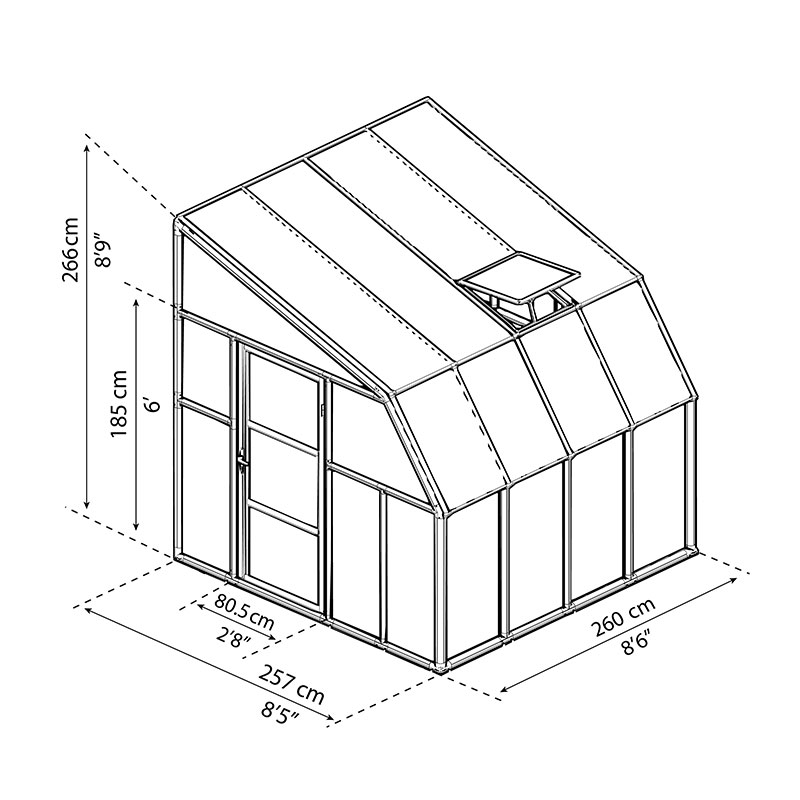 8'x8' Palram Canopia Rion White Sun Room Walk In Wall Greenhouse (2.4x2.4m) Technical Drawing