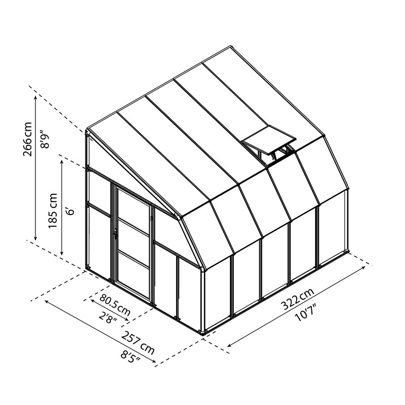 8'x10' Palram Canopia Rion White Sun Room Walk In Wall Greenhouse (2.4x3m) Technical Drawing