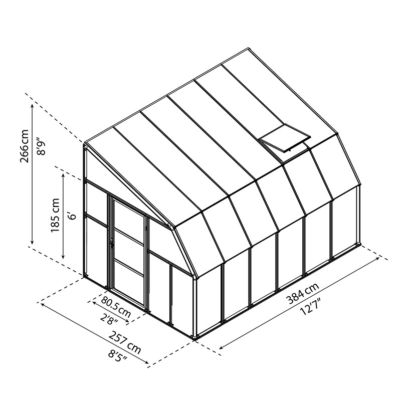 8'x12' Palram Canopia Rion White Sun Room Walk In Wall Greenhouse (2.4x3.6m) Technical Drawing