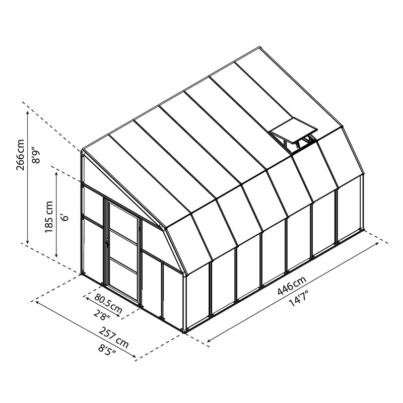 8'x14' Palram Canopia Rion White Sun Room Walk In Wall Greenhouse (2.4x4.2m) Technical Drawing