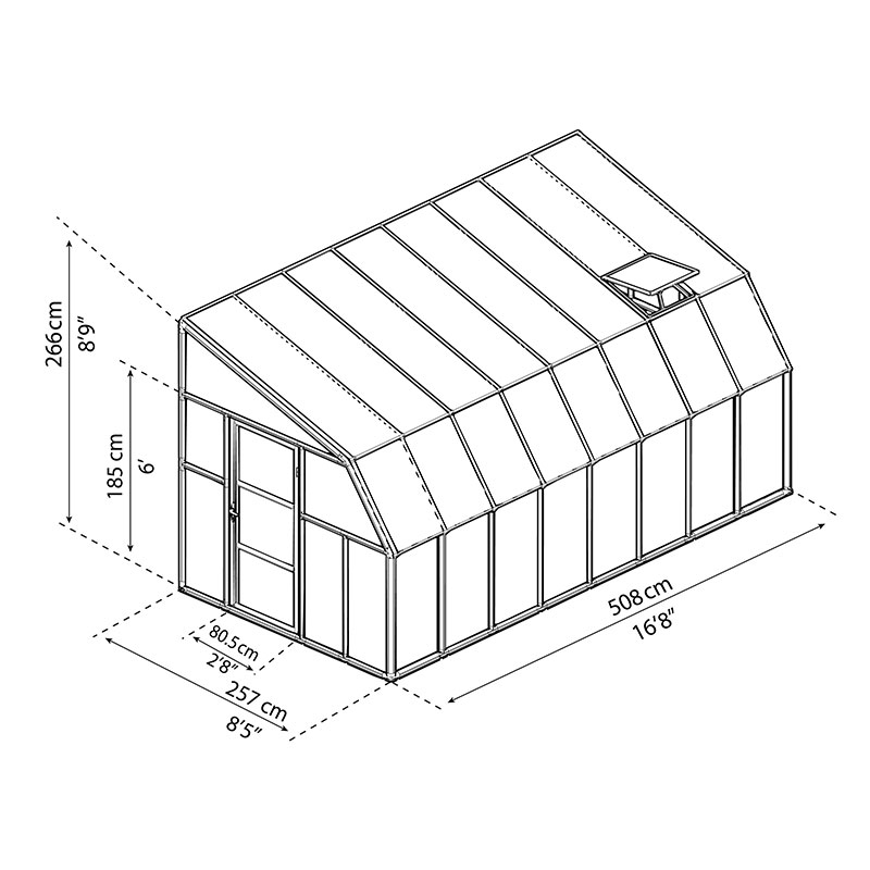 8'x16' Palram Canopia Rion White Sun Room Walk In Wall Greenhouse (2.4x4.8m) Technical Drawing