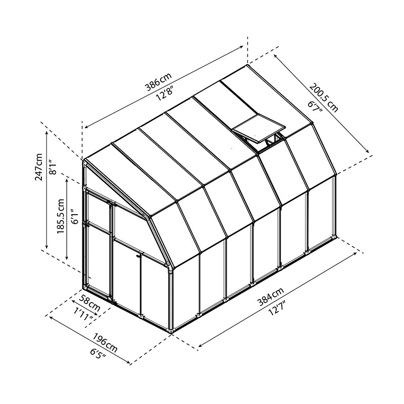 6'x12' Palram Canopia Rion White Sun Room Walk In Wall Greenhouse (1.8x3.6m) Technical Drawing