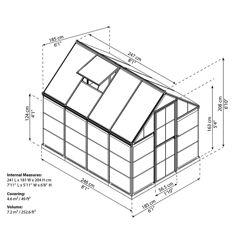 6' x 8' Palram Canopia Hybrid Grey Greenhouse (1.85m x 2.41m) Technical Drawing