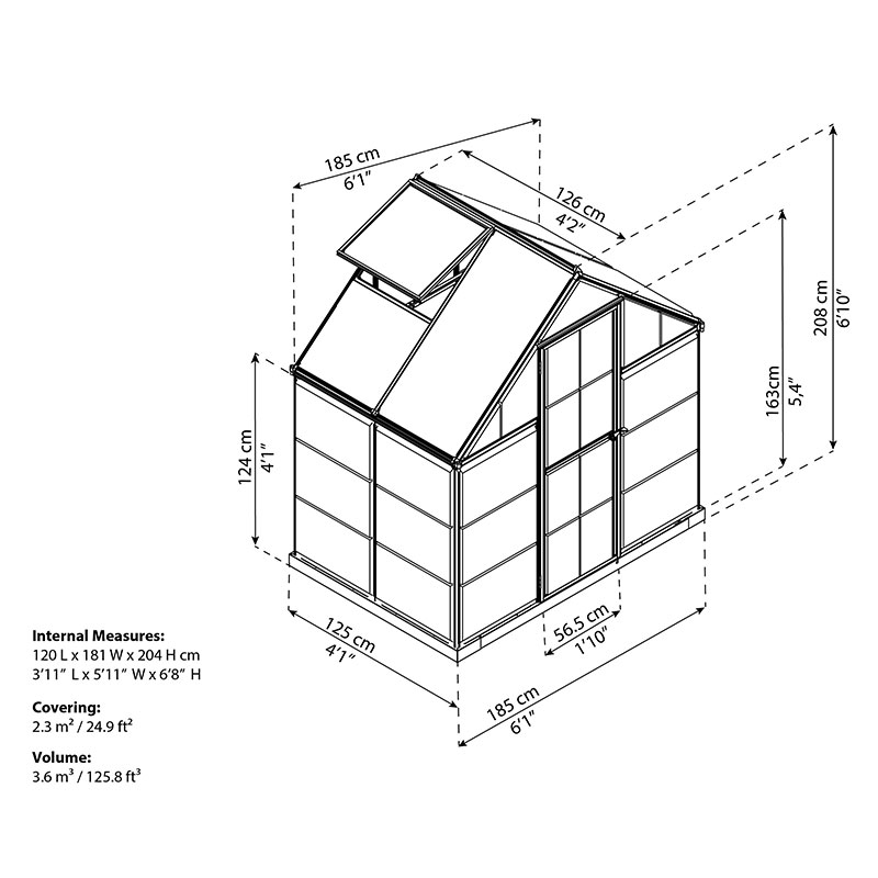 6' x 4' Palram Canopia Hybrid Grey Greenhouse (1.85m x 1.26m) Technical Drawing