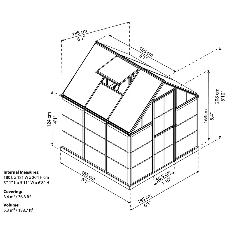 6' x 6' Palram Canopia Hybrid Grey Greenhouse (1.85m x 1.86m) Technical Drawing