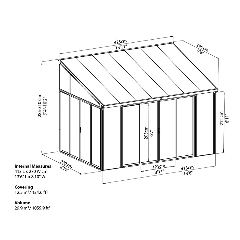 10'x14' (3x4.25m) Palram Canopia SanRemo Grey Lean-To Conservatory Technical Drawing