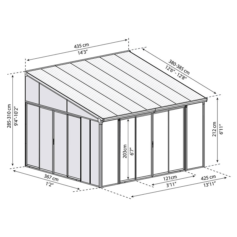 12' x 14' Palram Canopia San Remo White Lean To Conservatory (3.80m x 4.35m) Technical Drawing