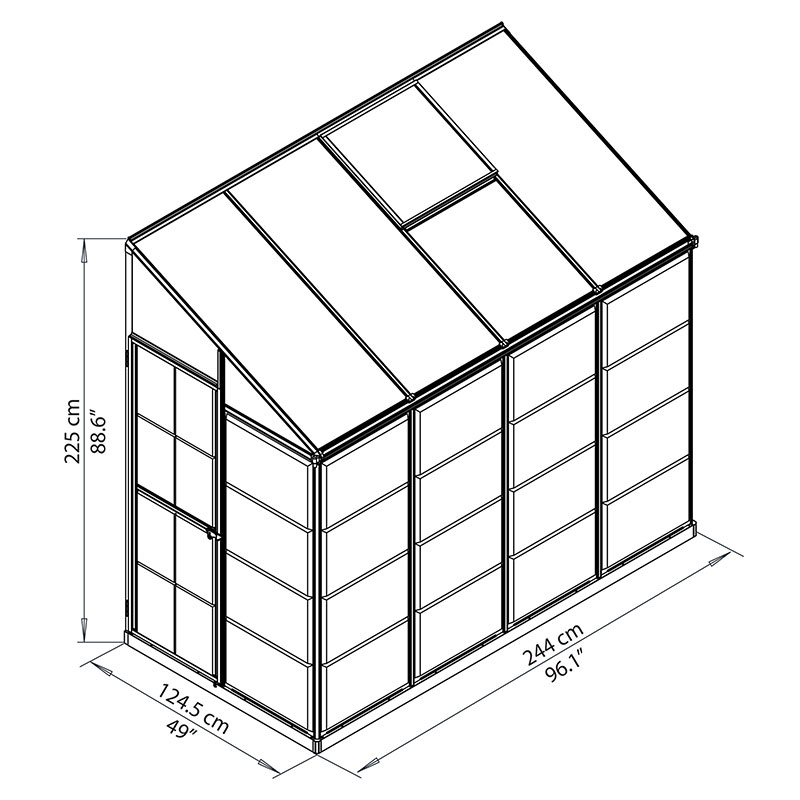 8'x4' Palram Canopia Hybrid Silver Lean To Wall Walk In Greenhouse (2.4x1.22m) Technical Drawing