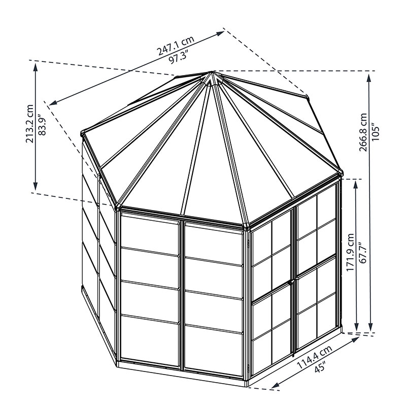 8'x7' (2.4x2.1m) Palram Canopia Oasis Hexagonal Polycarbonate Greenhouse Technical Drawing
