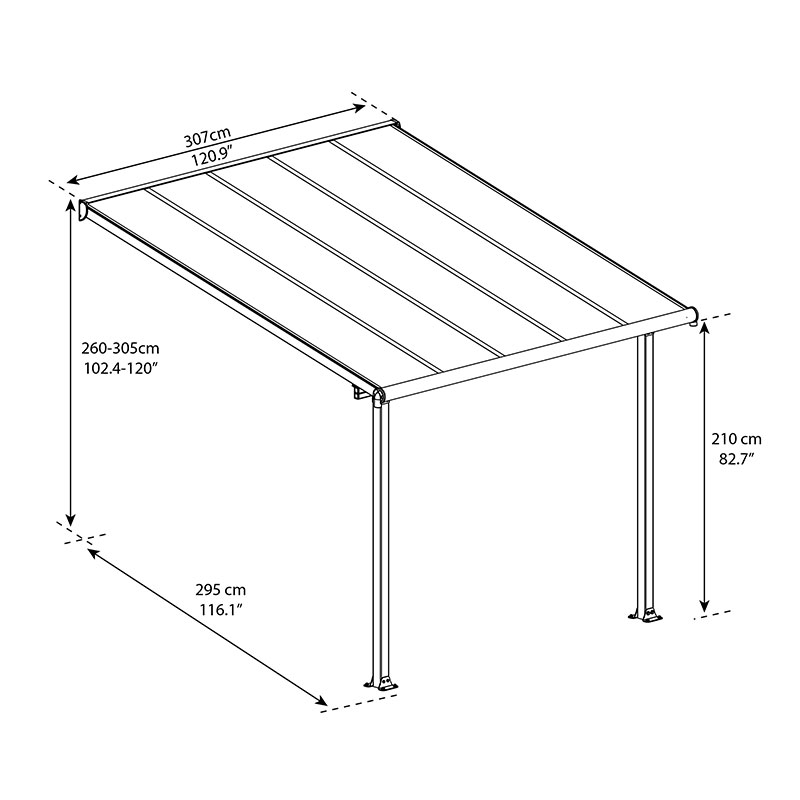 10'x10' (3x3m) Palram Canopia Olympia White Patio Cover With Clear Panels Technical Drawing