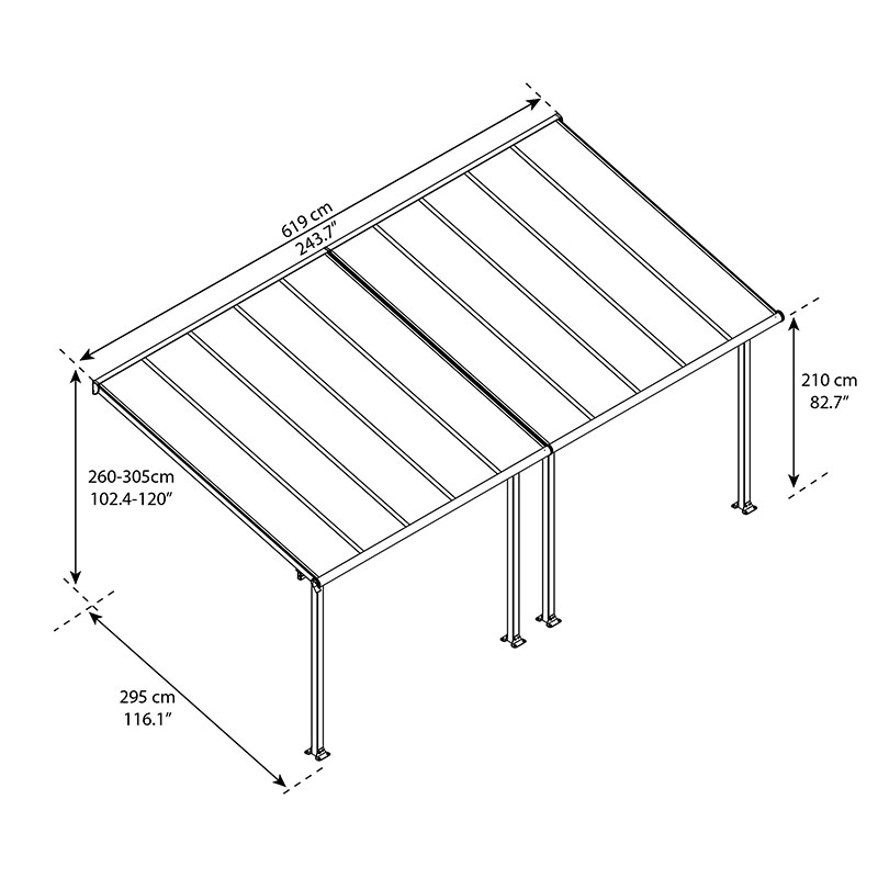 10'x20' (3x6.1m) Palram Canopia Olympia Grey Patio Cover With Clear Panels Technical Drawing
