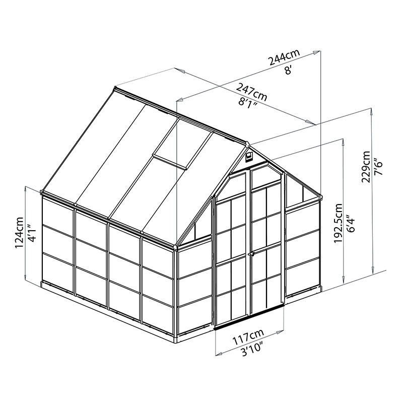 8' x 8' Palram Canopia Balance Silver Greenhouse (2.47m x 2.44m) Technical Drawing
