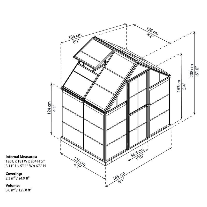 6' x 4' Palram Canopia Harmony Grey Greenhouse (1.85m x 1.26m) Technical Drawing