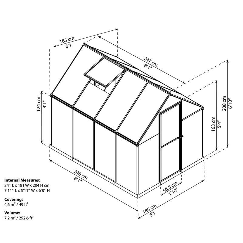 6' x 8' Palram Canopia Mythos Grey Greenhouse (1.85m x 2.47m) Technical Drawing