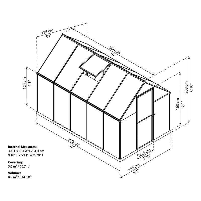 6' x 10' Palram Canopia Mythos Grey Greenhouse (1.85m x 3.06m) Technical Drawing