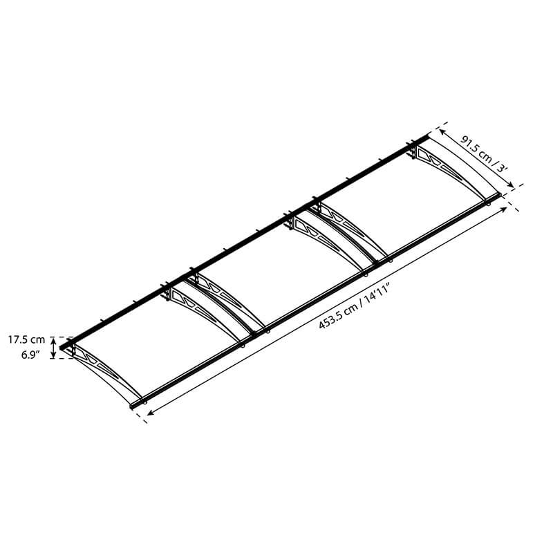 15' x 3' Palram Canopia Altair 4500 Grey Door Canopy (4.54m x 0.92m) Technical Drawing