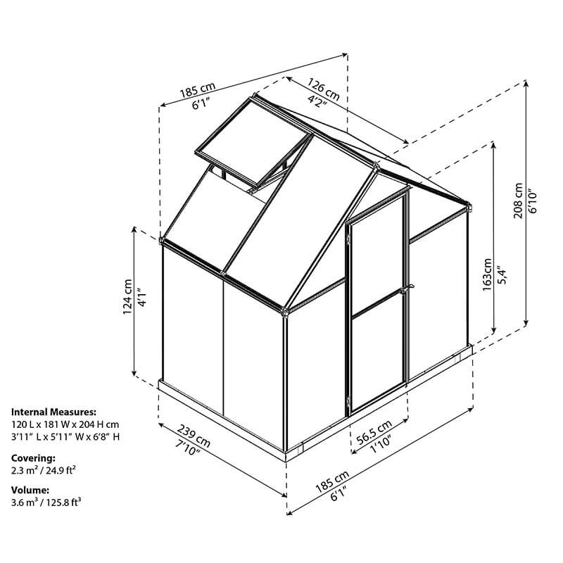 6' x 4' Palram Canopia Mythos Grey Greenhouse (1.85m x 1.26m) Technical Drawing