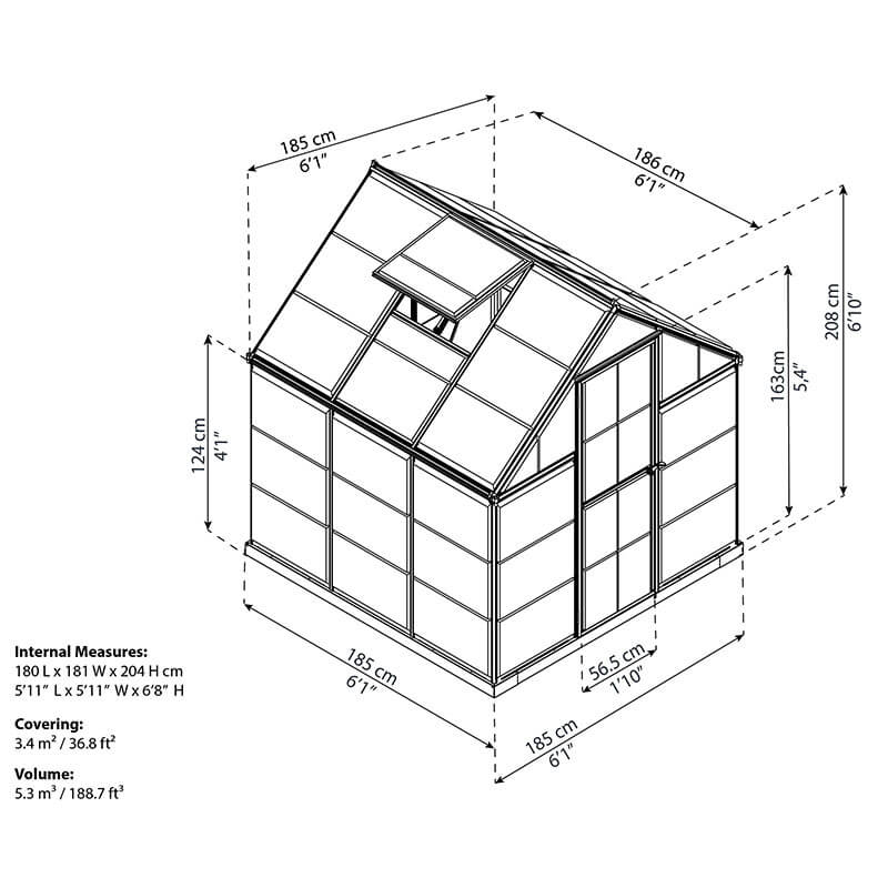 6' x 6' Palram Canopia Harmony Grey Greenhouse (1.85m x 1.86m) Technical Drawing