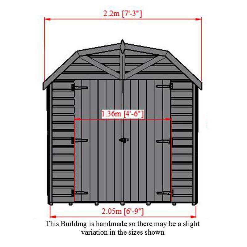 6'9 x 6'6 Shire Barn Double Door Wooden Garden Shed (2.16m x 2.52m) Technical Drawing
