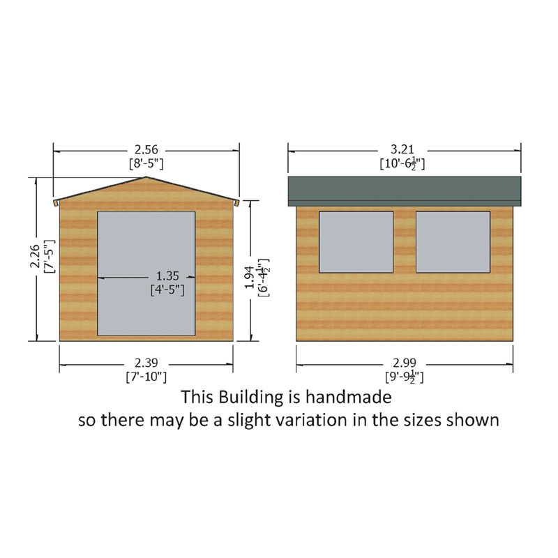 10' x 8' Shire Bison Heavy Duty Double Door Wooden Workshop (3.21m x 2.56m) Technical Drawing