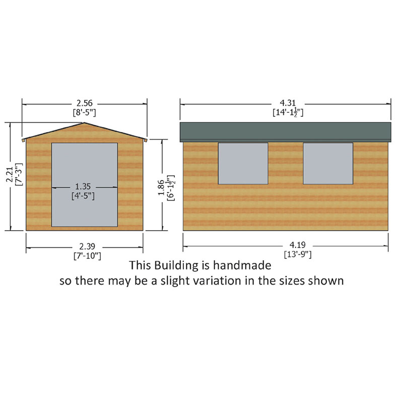14' x 8' Shire Bison Heavy Duty Double Door Wooden Workshop (4.31m x 2.56m) Technical Drawing