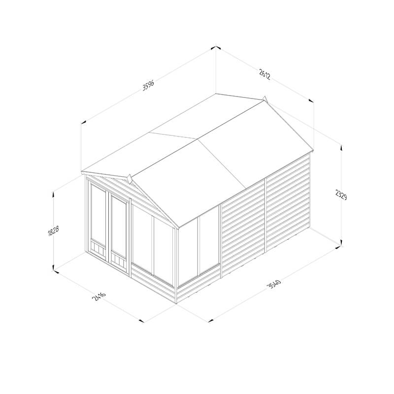 12' x 8' Forest Beckwood 25yr Guarantee Double Door Apex Summer House (3.6m x 2.61m) Technical Drawing