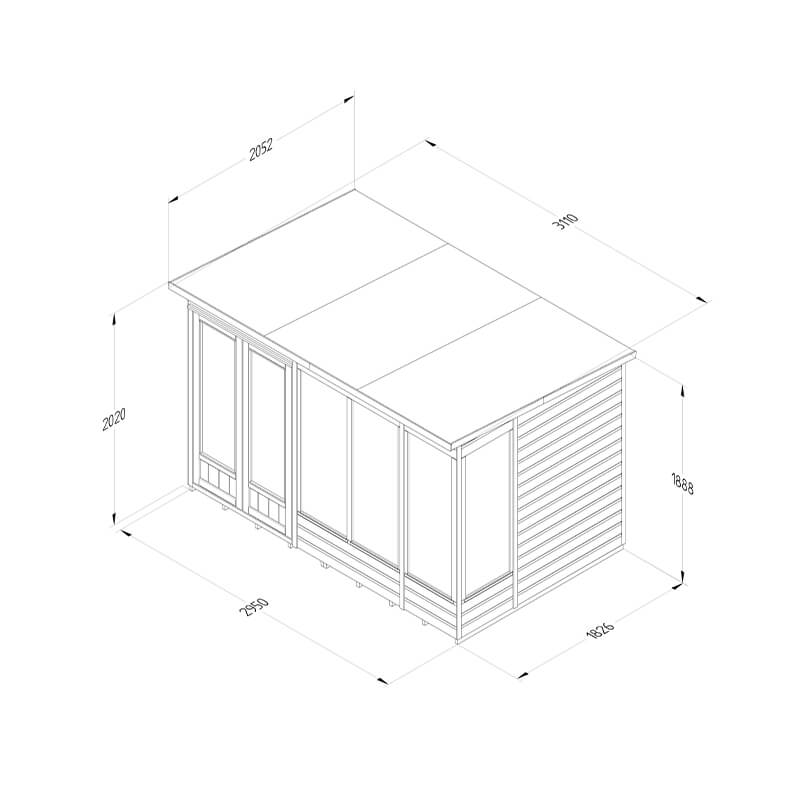 10' x 6' Forest Beckwood 25yr Guarantee Double Door Pent Summer House (3.11m x 2.05m) Technical Drawing