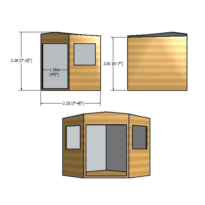 8' x 8' Shire Premium Pressure Treated Wooden Corner Garden Shed (2.25m x 2.33m) Technical Drawing