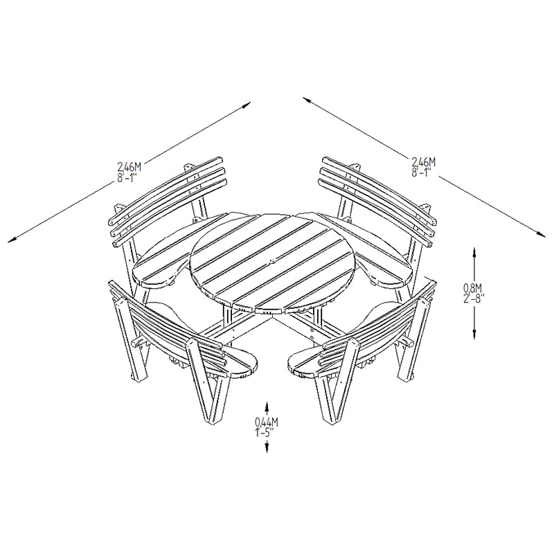 Forest Circular Wooden Garden Picnic Table with Seat Backs 8'x8' (2.4x2.4m) Technical Drawing