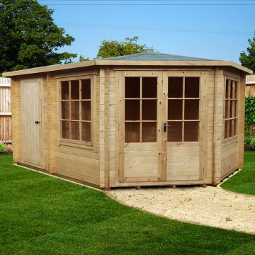Shire Leygrove 4.3m x 3m Corner Log Cabin Summerhouse with Side Shed (28mm)