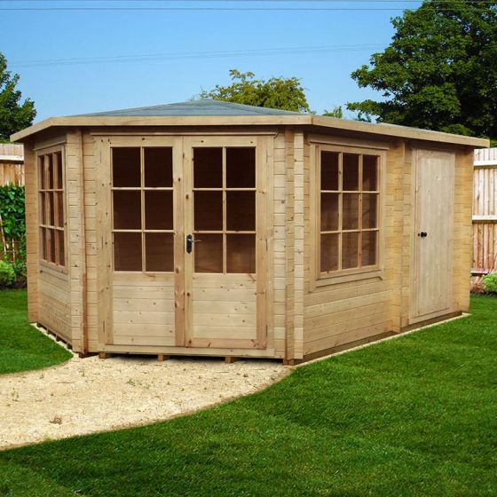Shire Rowney 4.3m x 3m Corner Log Cabin Summerhouse with Side Shed (28mm)