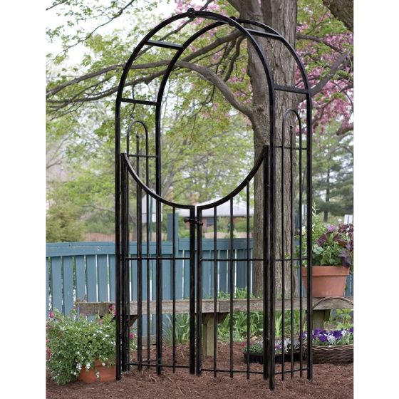 Panacea Sunset Metal Garden Arch with Gate - Black 7'5 x 4'1
