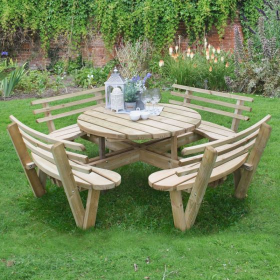 Forest Circular Wooden Garden Picnic Table with Seat Backs 8'x8'
