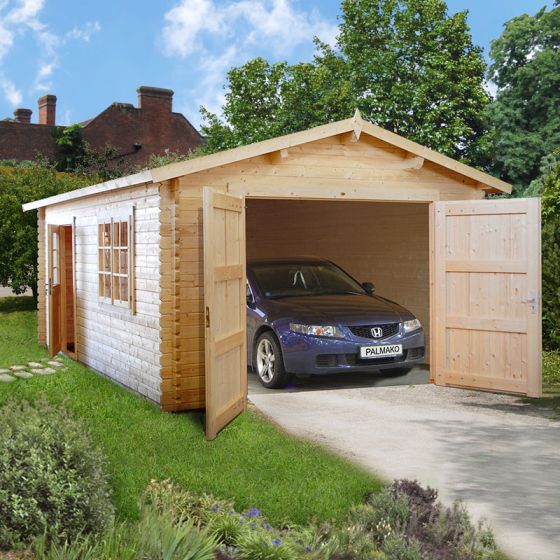 Palmako Roger 3.6m x 5.5m Log Cabin Single Garage (44mm) - Double Doors |  Shedstore | Garagen